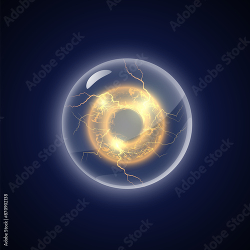 Lightning round frame in sphere shield, yellow rays bright power in defense shell, vector circle thunderbolt light flash