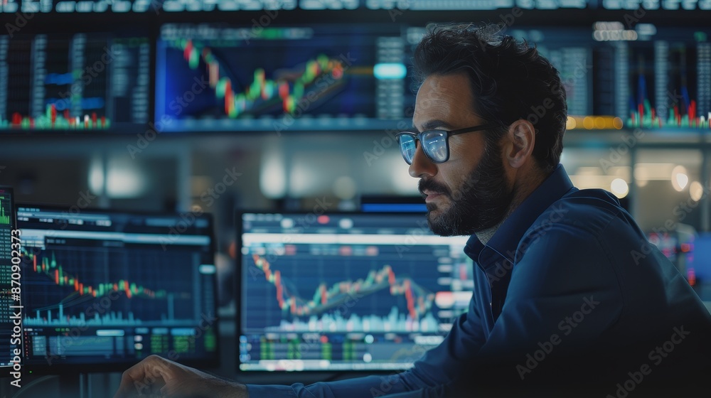Focused stock trader analyzing financial data on multiple screens in a modern office setting. Focused stock trader analyzing financial data on multiple screens in a modern office setting.
