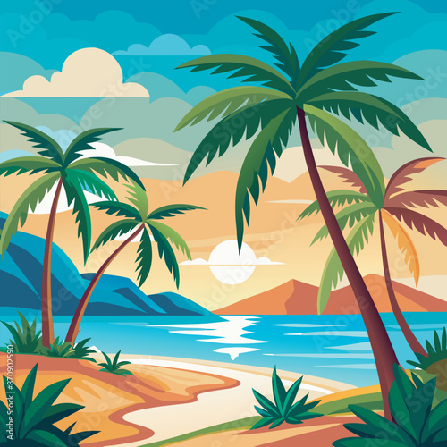 Summer tropical palms trees landscape with calm sea or ocean water, beach with sand