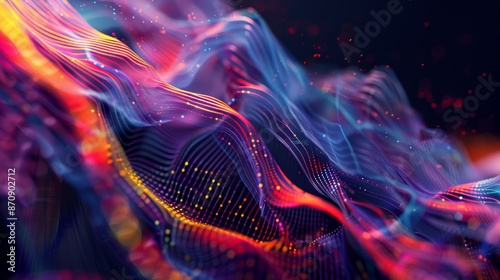 Vibrant abstract digital wave with colorful lines and dots, representing technology, data, and modern design in a futuristic style.