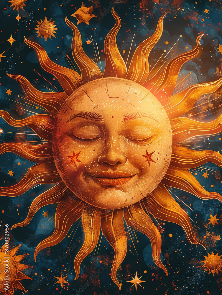 A vibrant illustration of a smiling sun with rays and stars
