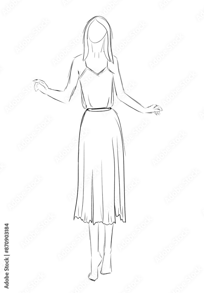Fashion designer. Sketch of woman in stylish dress on white background Fashion designer. Sketch of woman in stylish dress on white background