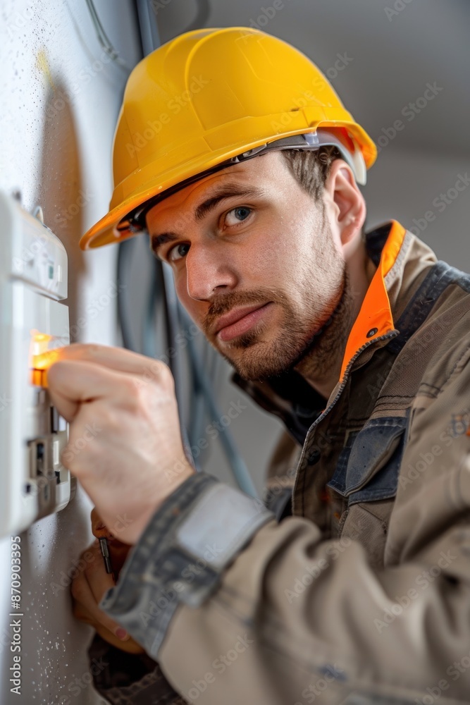 Electrician replacing a light switch, Portrait half-body, hyper-realistic, high detail, photorealistic, white background, studio lighting, Key Light, Fill Light, Back Light Electrician replacing a light switch, Portrait half-body, hyper-realistic, high detail, photorealistic, white background, studio lighting, Key Light, Fill Light, Back Light