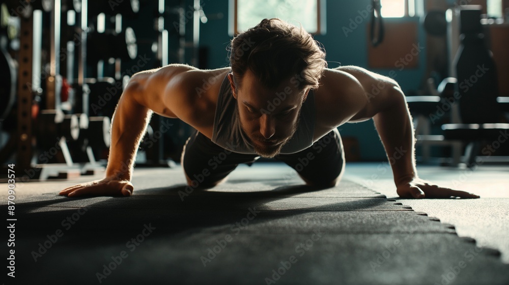 Fitness enthusiast doing push-ups in a gym Fitness enthusiast doing push-ups in a gym