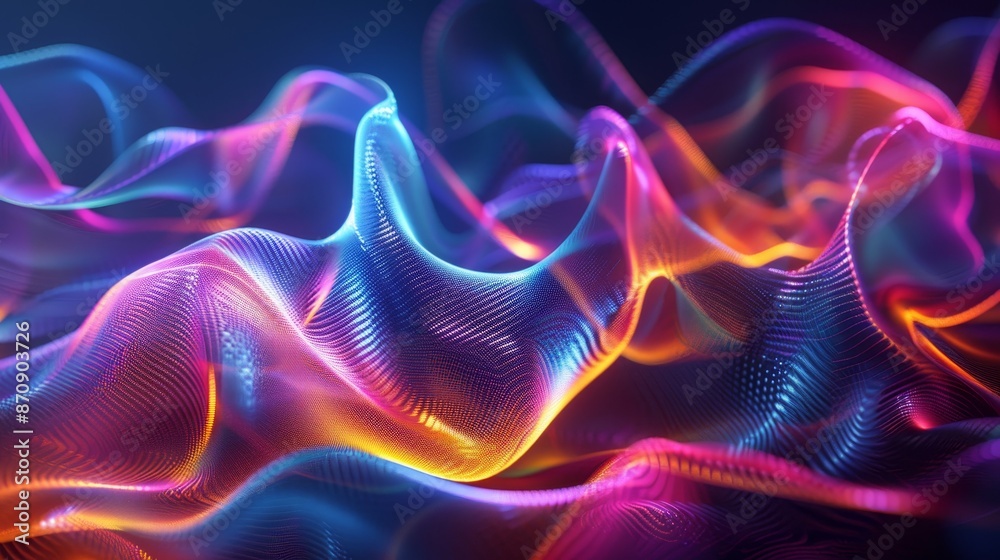 Fototapeta premium Colorful abstract light waves forming dynamic patterns on a dark background, suitable for creative designs, technology visuals, and backgrounds.