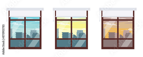 Set of windows with roller blinds in cartoon style. Vector illustration view from the windows of the city: calm day with blue sky, sunny day, evening time, modern houses isolated on white background.