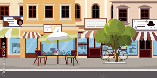 Vector illustration of a city street with buildings.Cartoon scenes of houses: a clothing store, a cafe, a table with chairs under an umbrella, a vase,a jug,a bicycle with flowers,trees,a sidewalk,a ro