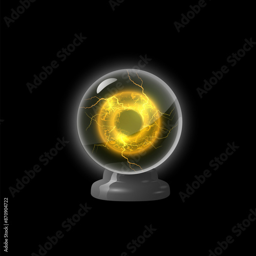 3d Magic glass sphere on a stand with golden glow of plasma.