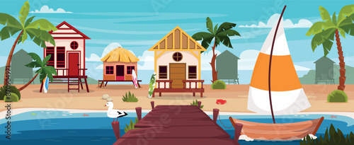 Vector illustration of summer bungalows on the seashore.Cartoon scene of beautiful landscape with sea, wooden gangway with tied boat, bungalow house with stairs, surfboards, seagull, crab, palm trees.
