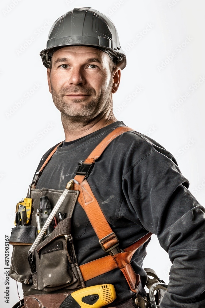 Fototapeta premium Electrician documenting electrical work, Portrait half-body, hyper-realistic, high detail, photorealistic, white background, studio lighting, Key Light, Fill Light, Back Light