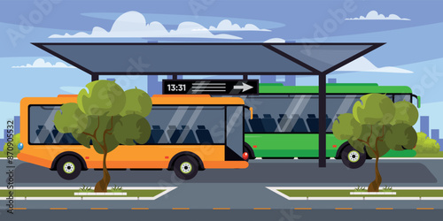Vector illustration of trolleybuses at a stop. Cartoon scene of colored trolleybuses standing in the parking lot ready to make a route around the city, a sign with the time, trees, sidewalks, a road.