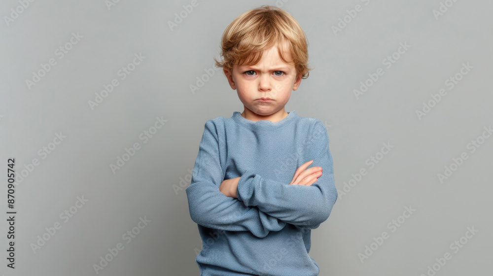 Mad male kid, angry little boy standing with his arms crossed, and looking at the camera with upset face expression. Unhappy toddler, studio shot, annoyed and frustrated child emotion, copy space Mad male kid, angry little boy standing with his arms crossed, and looking at the camera with upset face expression. Unhappy toddler, studio shot, annoyed and frustrated child emotion, copy space