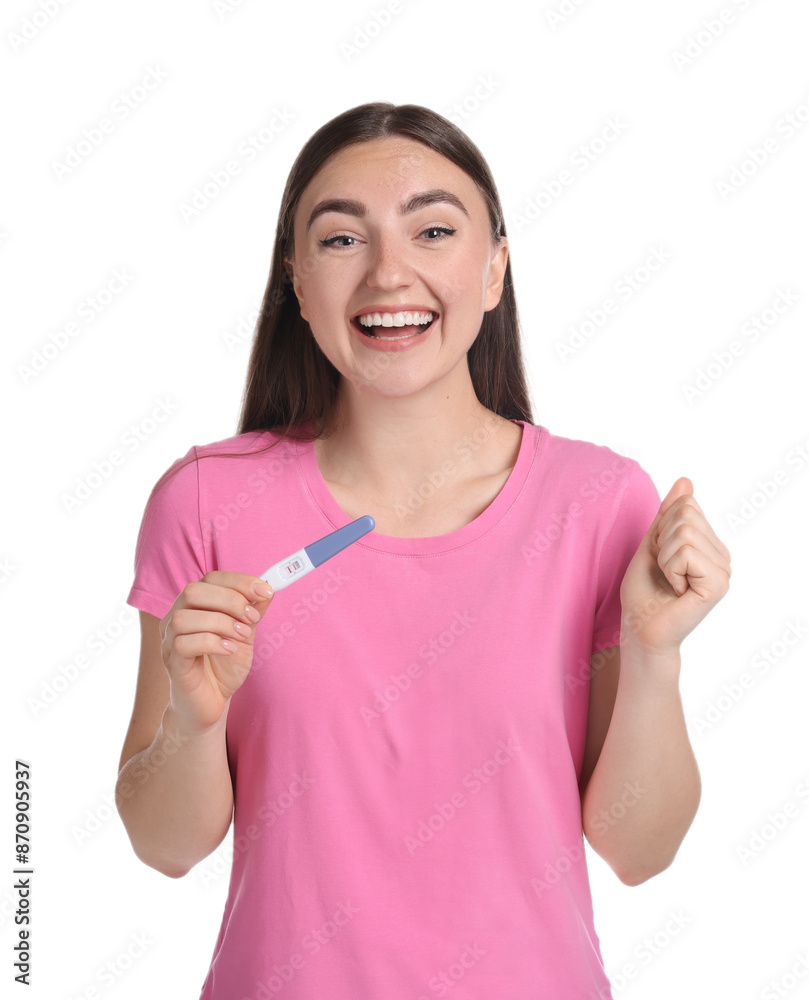 Happy woman holding pregnancy test on white background Happy woman holding pregnancy test on white background