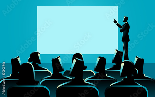 Businessman pointing at a whiteboard and speaking at a podium with an audience. For business presentations, corporate training, conferences, and seminars, themes of leadership and communication