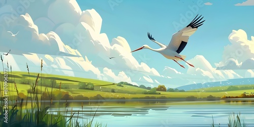 White stork soars over lake in a contemporary animated countryside setting. Concept Nature, Wildlife, Stork, Lake, Animation photo
