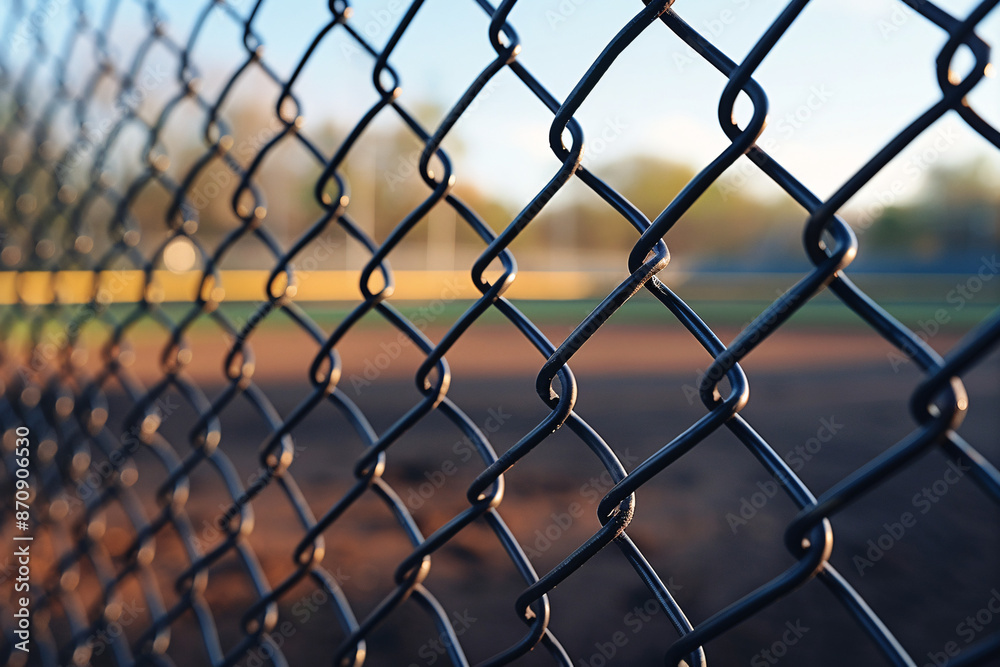 A close-up of a black chain-link fence with sunlight streaming through, highlighting a baseball field in the background A close-up of a black chain-link fence with sunlight streaming through, highlighting a baseball field in the background