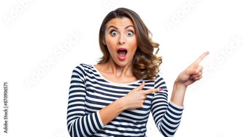 Surprised Woman Pointing Right While Wearing Striped Shirt