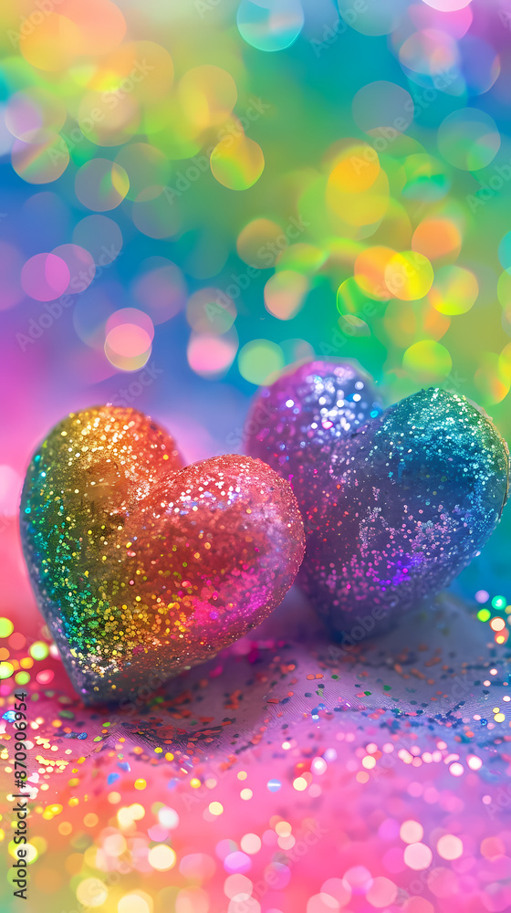 Two sparkling hearts on rainbow background Two sparkling hearts on rainbow background