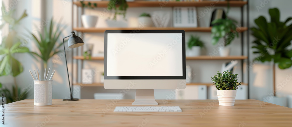 A computer monitor sits on a desk in front of a potted plant by AI generated image