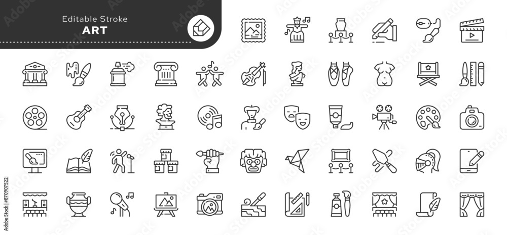 Set of line icons in linear style. Series - Art and culture. Creativity, sculpture, architecture, museum, theater, gallery and painting. Outline icon collection. Conceptual pictogram