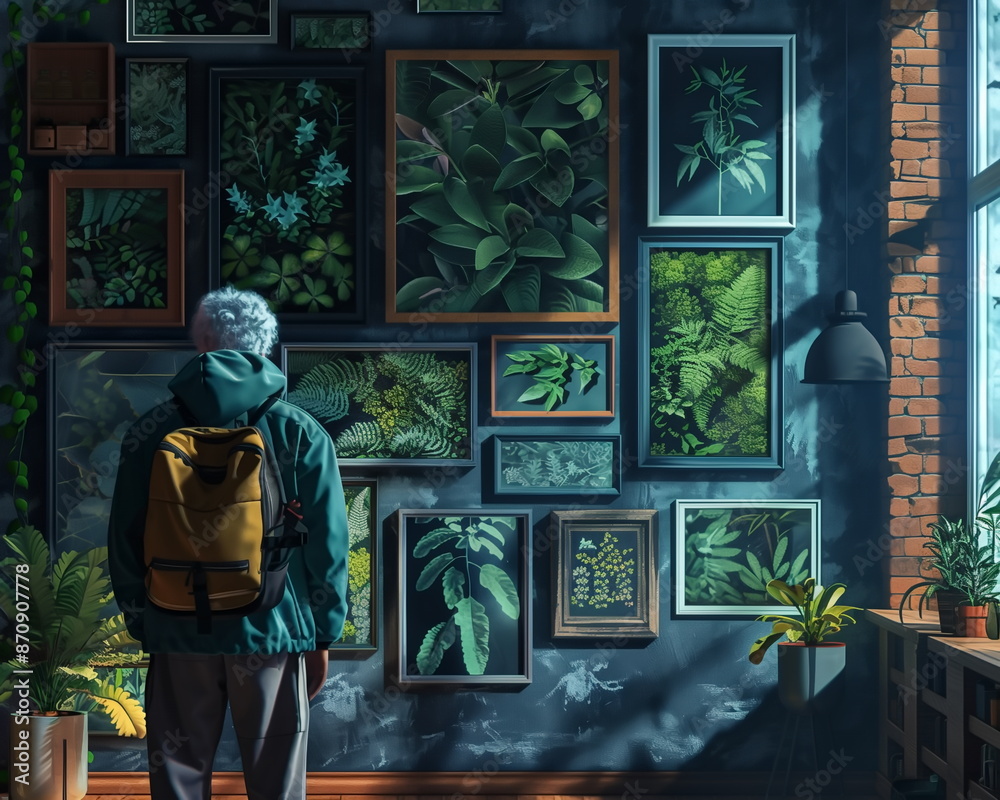 traveler looking at pictures of medicinal herbs plants on the wall in exhibit room traveler looking at pictures of medicinal herbs plants on the wall in exhibit room