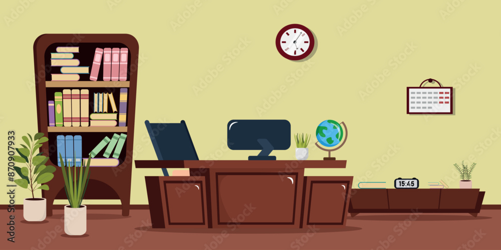 Vector illustration of a school classroom, a teacher's desk. Cartoon scene of a table, chairs with a computer, a globe, a bookcase, potted plants, a bedside table with a digital clock, a calendar. Vector illustration of a school classroom, a teacher's desk. Cartoon scene of a table, chairs with a computer, a globe, a bookcase, potted plants, a bedside table with a digital clock, a calendar.