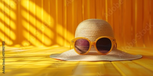 Bright Summer Vibes: Yellow Sunglasses on a Straw Hat in Sunlit Room photo