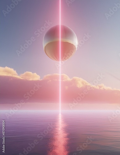 Futuristic metal UFO sphere with a divine beam descending from heaven with copy space, conceptual 3d art