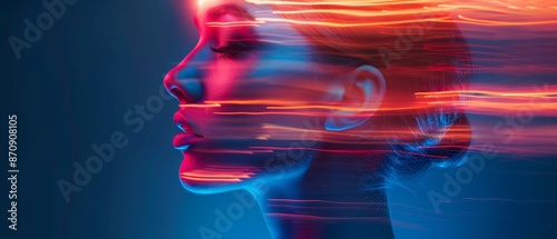 one side bathed in red light, the other in blue light, emanating from her face's sides