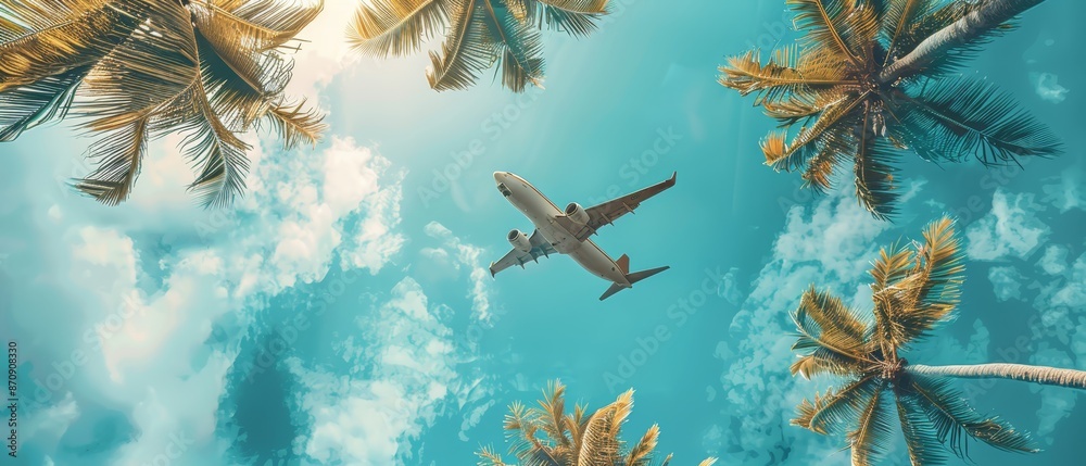 A large passenger jet traverses a cloud-studded blue sky Palm trees dot the foreground A large passenger jet traverses a cloud-studded blue sky Palm trees dot the foreground