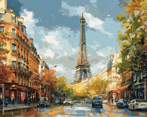 Fototapeta Naklejka Na Ścianę i Meble -  painting image of Paris city street view with the eiffel tower on background 