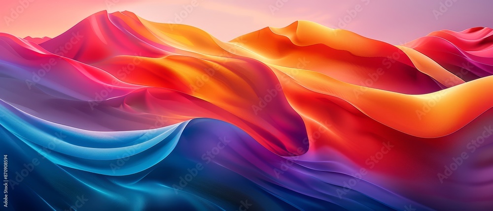 Mountain range with pink sky Background - pastel hues of pink Foreground - blue, orange, and pink waves Mountain range with pink sky Background - pastel hues of pink Foreground - blue, orange, and pink waves