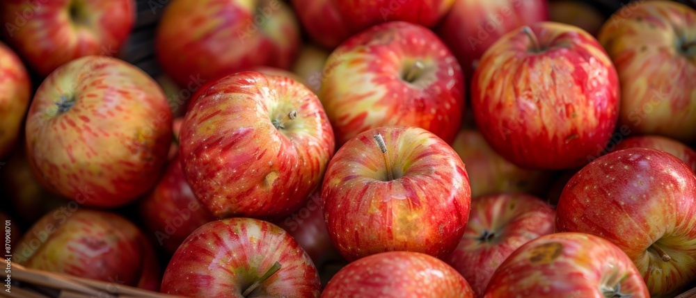 A wooden table holds a basket, atop which rests a red and yellow apple pile A wooden table holds a basket, atop which rests a red and yellow apple pile