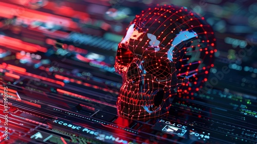 Cybersecurity skull with hacking elements top view illustrating cyber intrusion digital tone Tetradic color scheme