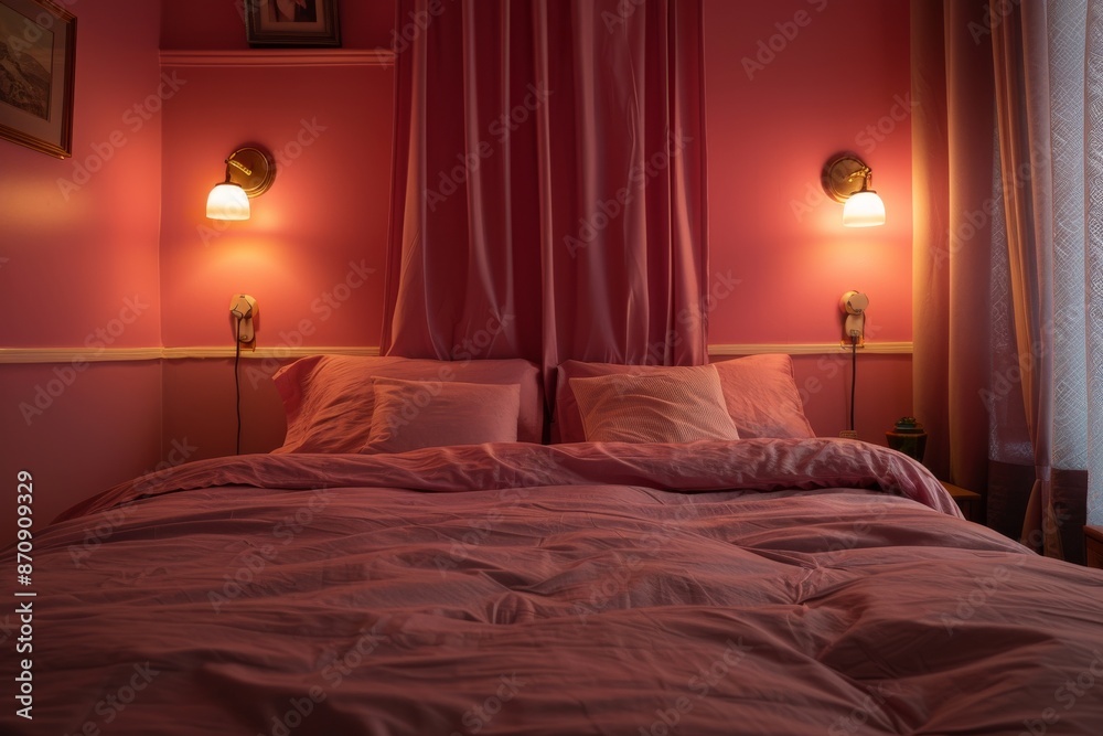 Interior of a modern bedroom with red walls, a bed with pink pillows and a lamp Interior of a modern bedroom with red walls, a bed with pink pillows and a lamp
