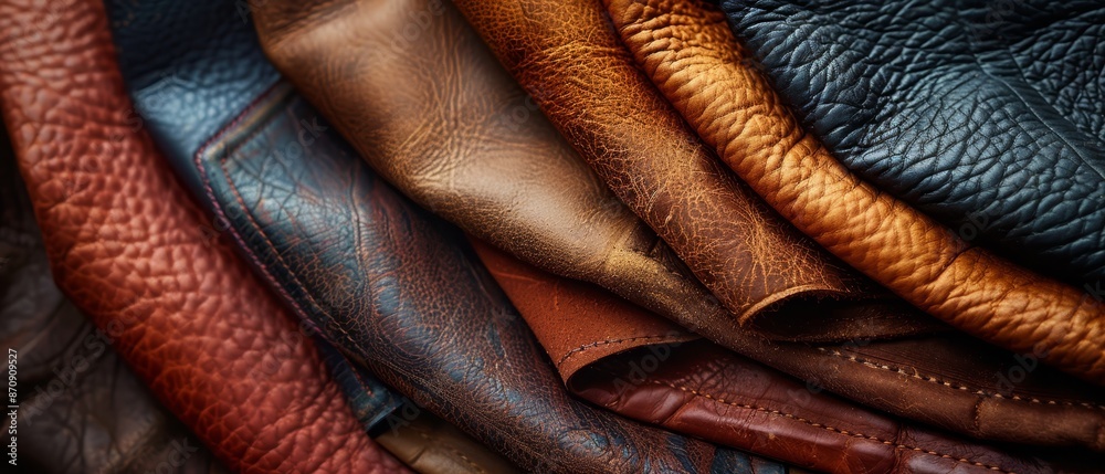A stack of various colored leathers atop another stack, layered together A stack of various colored leathers atop another stack, layered together