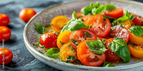 Fresh Tomato and Basil Salad on a Rustic Plate, Vibrant Colors and Natural Light