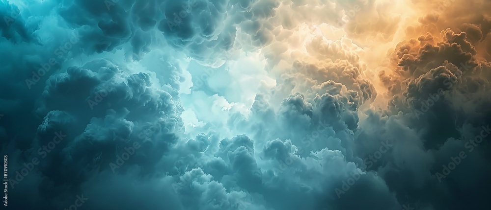 A sky brimming with various clouds, painted in shades of blue, yellow, orange, and white A sky brimming with various clouds, painted in shades of blue, yellow, orange, and white