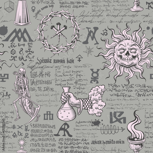  seamless texture for printing on fabric and paper in the form of an alchemical formula with encrypted symbols