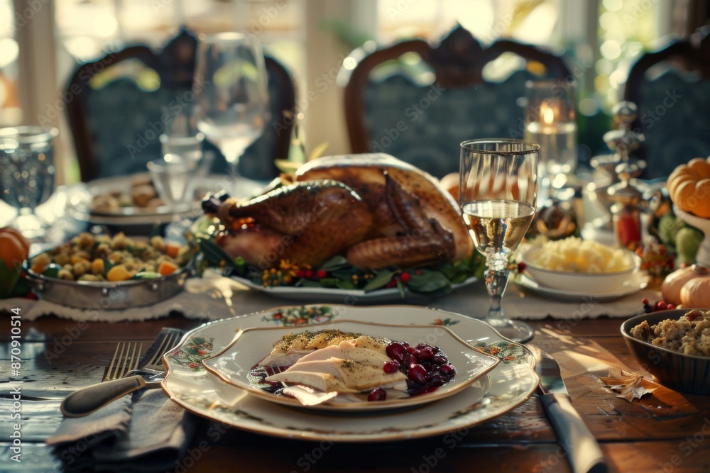 A table set for a festive Thanksgiving dinner, complete with a golden roasted turkey, cranberry sauce, and a variety of side dishes. A table set for a festive Thanksgiving dinner, complete with a golden roasted turkey, cranberry sauce, and a variety of side dishes.