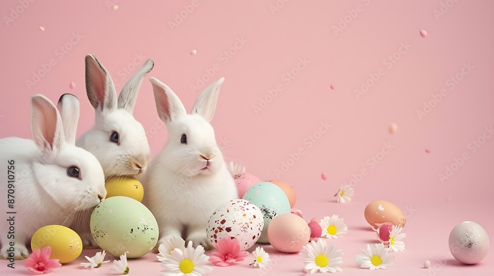 Obraz premium happy Easter written in the middle of the blue background with eggs and flowers decoration all around with empty copy space background wallpaper with rabbit playing on the celebration with egg