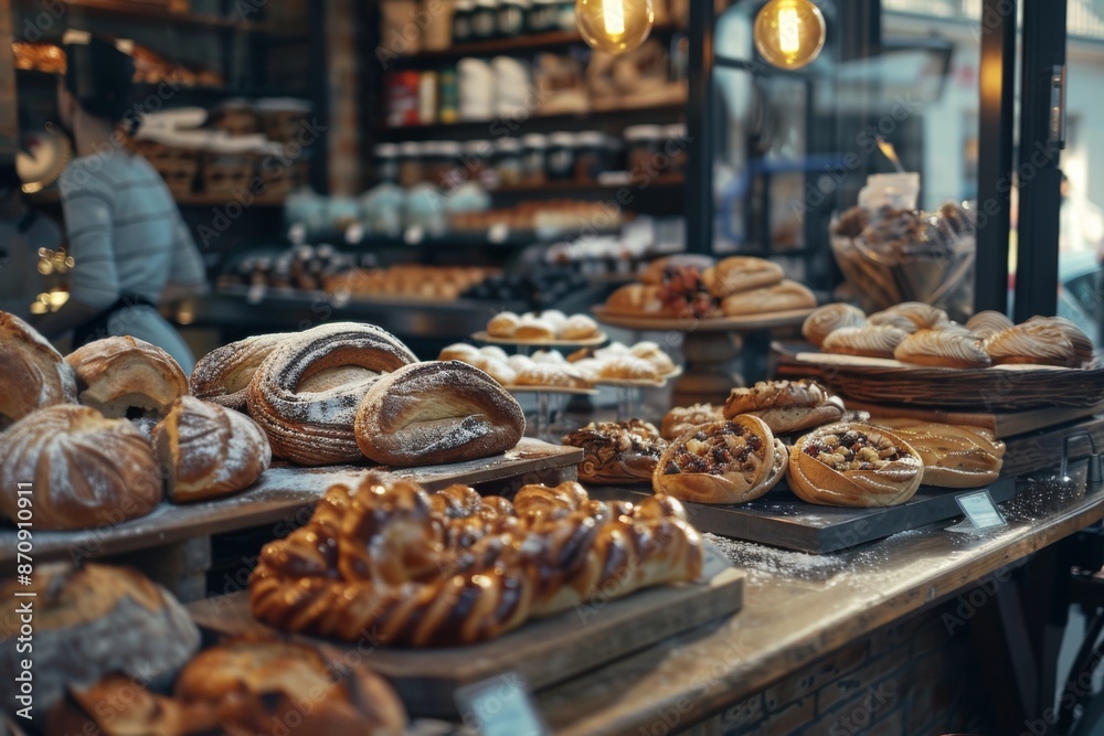 A vibrant display of freshly baked pastries and bread at a bustling street bakery, enticing passersby with its sweet aroma. The assortment of treats is a feast for the eyes and nose. A vibrant display of freshly baked pastries and bread at a bustling street bakery, enticing passersby with its sweet aroma. The assortment of treats is a feast for the eyes and nose.