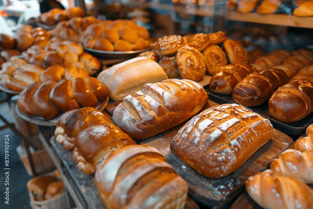 A vibrant display of mouthwatering pastries and bread, freshly baked to perfection at a bustling street bakery. The aroma of warm bread wafts through the air, enticing passersby to stop and indulge. A vibrant display of mouthwatering pastries and bread, freshly baked to perfection at a bustling street bakery. The aroma of warm bread wafts through the air, enticing passersby to stop and indulge.