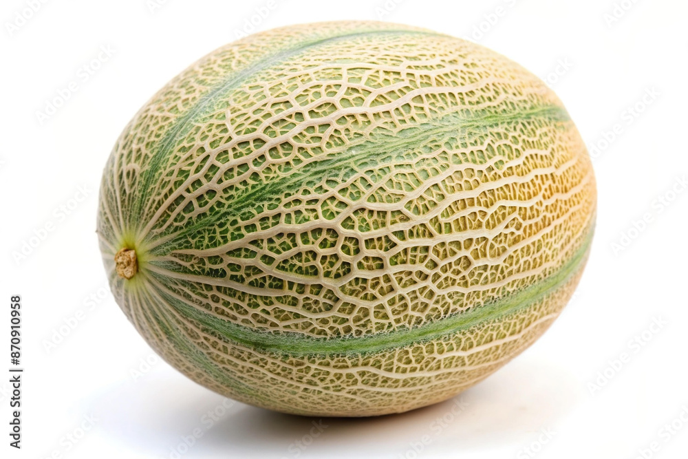 A fresh yellow cantaloupe melon with vibrant, juicy flesh is isolated against a clean white background side view A fresh yellow cantaloupe melon with vibrant, juicy flesh is isolated against a clean white background side view