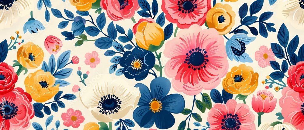 A sheet of paper bearing a bouquet of blue, yellow, red, and pink blossoms atop it A sheet of paper bearing a bouquet of blue, yellow, red, and pink blossoms atop it