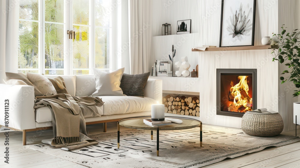 Fototapeta premium cozy living room interior scandinavian style, modern, minimalistic, fireplace, wooden table, couch