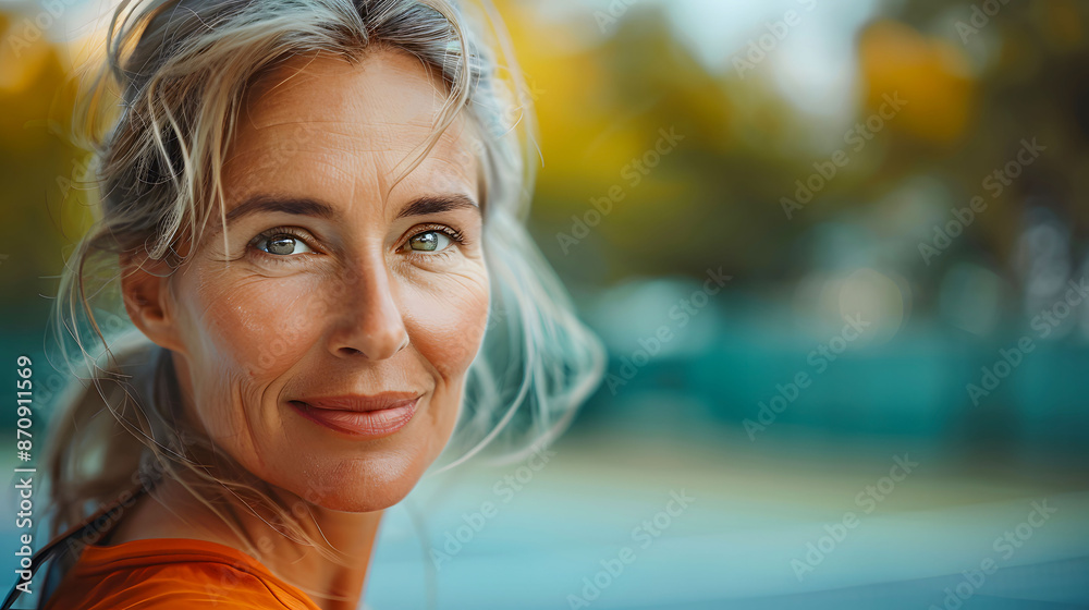 Portrait of a smiling woman with grey hair and blue eyes, captured outdoors in natural light with a blurred background.