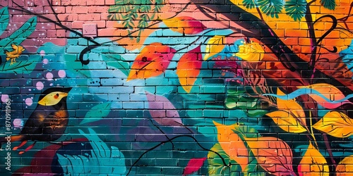 Colorful Bird and Nature Mural on Brick Wall