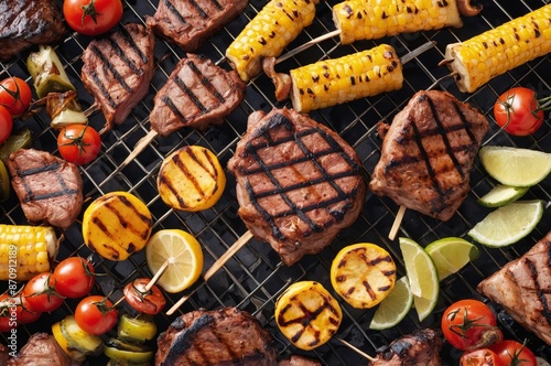 Close-up of grilling rack displaying colorful and enticing array foods of summer barbecue favorites photo