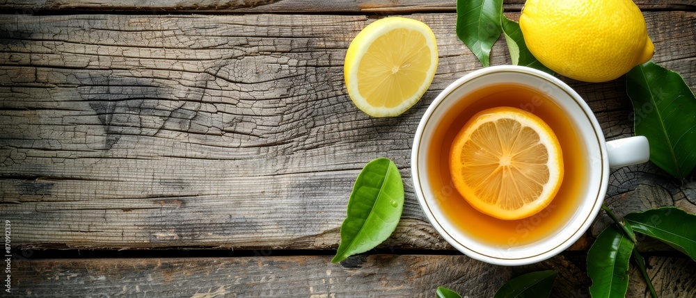 A cup of tea with a lemon slice on a weathered wooden table Surrounded by scattered autumn leaves A cup of tea with a lemon slice on a weathered wooden table Surrounded by scattered autumn leaves